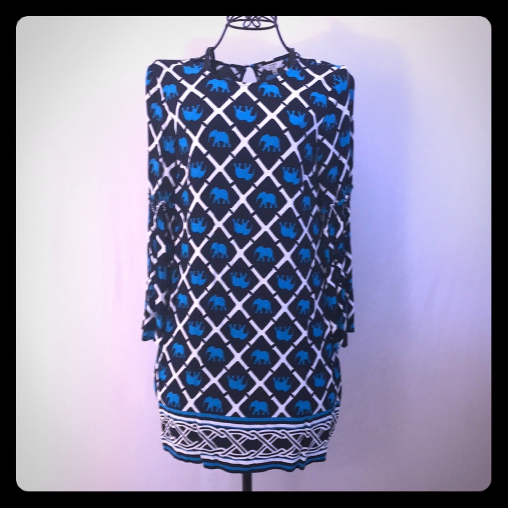 Crown & Ivy Blue and White Dress w/ Elephants Sz S